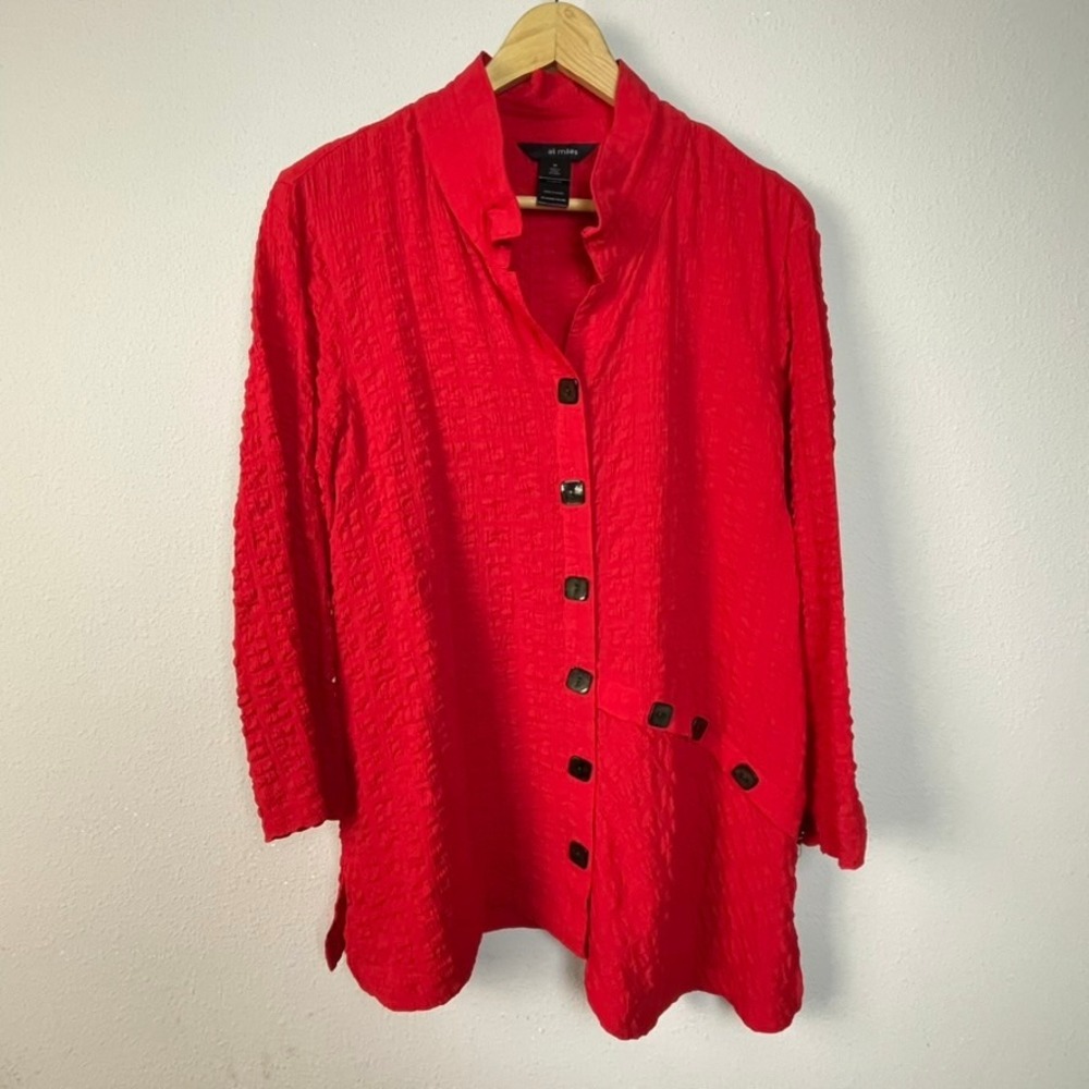 Ali Miles Red Textured Long Sleeve Button‎ Front Tunic Top M Lagenlook Artsy